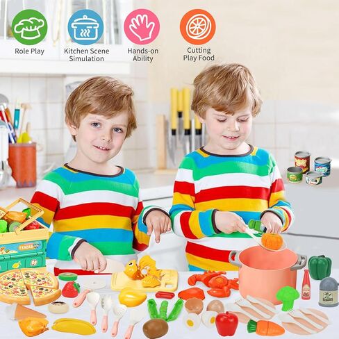 لعب اكسسوارات المطبخ للأطفال 94 قطعة، مجموعة الطبخ التظاهري، قطع الطعام والخضروات والفواكه، مجموعة ألعاب المطبخ مع سلة تخزين، ألعاب تعليمية للأولاد والبنات من سن 3 إلى 6 سنوات in Kuwait