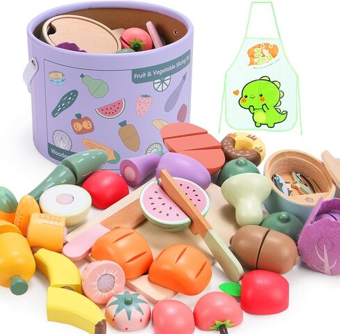 WHOHOLL Play Food Set for Play Kitchen Accessories, Morandi Color Wooden Toys Food Pretend Cutting Food with Basket, Montessori Toys for 1+ Years Old Girls Boys Eye-Protection Learning Resources in Saudi Arabia