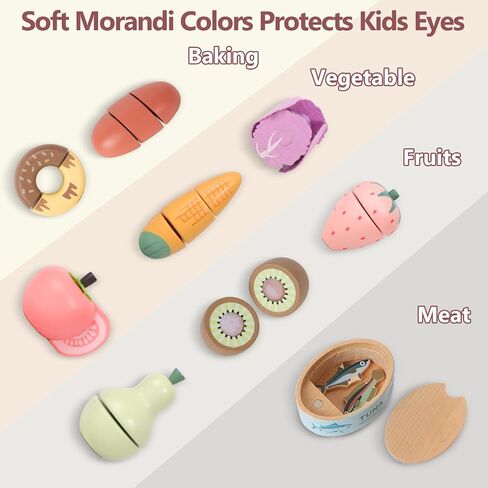 WHOHOLL Play Food Set for Play Kitchen Accessories, Morandi Color Wooden Toys Food Pretend Cutting Food with Basket, Montessori Toys for 1+ Years Old Girls Boys Eye-Protection Learning Resources in Saudi Arabia
