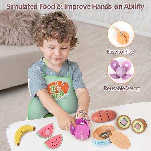 WHOHOLL Play Food Set for Play Kitchen Accessories, Morandi Color Wooden Toys Food Pretend Cutting Food with Basket, Montessori Toys for 1+ Years Old Girls Boys Eye-Protection Learning Resources in Saudi Arabia