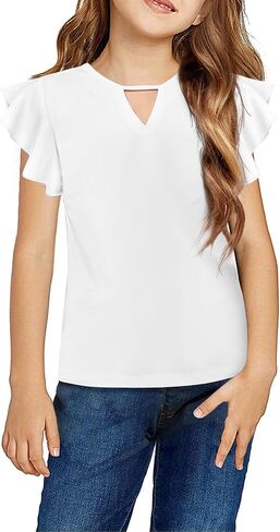 Arshiner Girls Shirts Short Sleeve Tee Ruffle Solid Summer Keyhole Neck Cotton Blouse Tops in Saudi Arabia