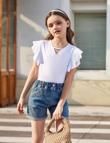 Arshiner Girls Shirts Short Sleeve Tee Ruffle Solid Summer Keyhole Neck Cotton Blouse Tops in Saudi Arabia