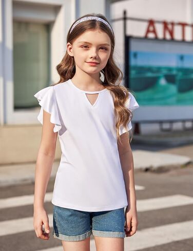 Arshiner Girls Shirts Short Sleeve Tee Ruffle Solid Summer Keyhole Neck Cotton Blouse Tops in Saudi Arabia