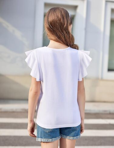 Arshiner Girls Shirts Short Sleeve Tee Ruffle Solid Summer Keyhole Neck Cotton Blouse Tops in Saudi Arabia