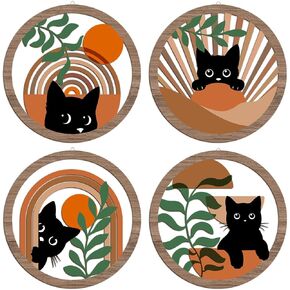 XFN 4PCs 3D Boho Cat Hanging Wooden Wall Art Wall Decor, Botanical Wall Decor Bohemian Decor, Cat Lover Gifts, Wooden Sign Wood Art Wood Plaque Home Decor for Living Room Bedroom Farmhouse Kitchen in Kuwait
