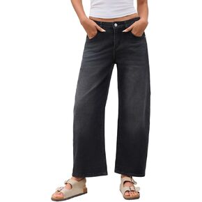 Barrel Jeans for Women Trendy Stretchy Mid Waist Wide Leg Cropped Denim Pants Boyfriend Baggy Jeans with Pockets in Kuwait