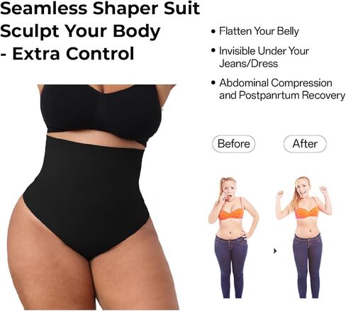 Shapewear Thong Tummy Control - Black Seamless Shaping Thong Panties High Waist Body Shaper for Women in Saudi Arabia