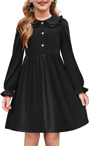 Arshiner Girls Long Sleeve Dress Fall Winter Ruffle Peter Pan Collar Front Button Casual Cotton Dresses in Saudi Arabia