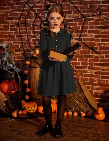 Arshiner Girls Long Sleeve Dress Fall Winter Ruffle Peter Pan Collar Front Button Casual Cotton Dresses in Saudi Arabia