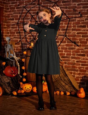 Arshiner Girls Long Sleeve Dress Fall Winter Ruffle Peter Pan Collar Front Button Casual Cotton Dresses in Saudi Arabia