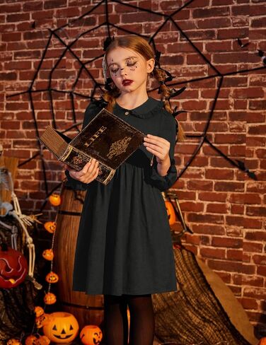 Arshiner Girls Long Sleeve Dress Fall Winter Ruffle Peter Pan Collar Front Button Casual Cotton Dresses in Saudi Arabia