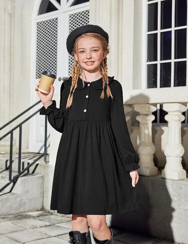 Arshiner Girls Long Sleeve Dress Fall Winter Ruffle Peter Pan Collar Front Button Casual Cotton Dresses in Saudi Arabia