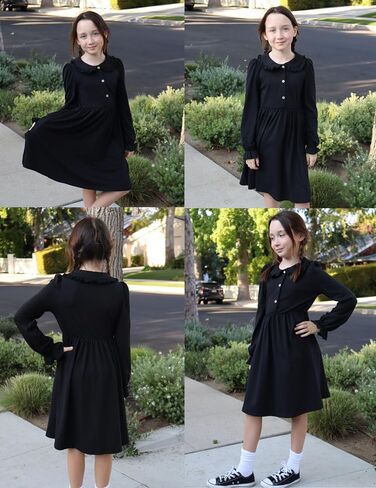 Arshiner Girls Long Sleeve Dress Fall Winter Ruffle Peter Pan Collar Front Button Casual Cotton Dresses in Saudi Arabia