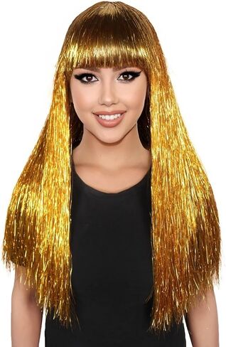 Long Tinsel Wig for Women Glamorous Party & Cosplay Accessory | 23 Inch Comfortable Capless Cap Design Flame-retardant Synthetic Fiber - Gold in Saudi Arabia