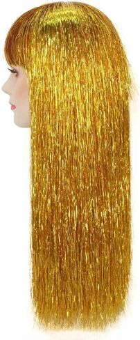 Long Tinsel Wig for Women Glamorous Party & Cosplay Accessory | 23 Inch Comfortable Capless Cap Design Flame-retardant Synthetic Fiber - Gold in Saudi Arabia