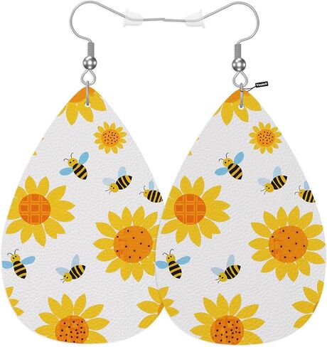 Sunflower Leather Teardrop Earrings Cartoon Honeybees Yellow Sunflowers Faux Leather Water Drop Earrings Jewelry For Women Friends Wedding in Kuwait