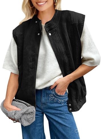 Tankaneo Womens Denim Vest Casual Zip Up Jean Vest Tops Utility Cargo Oversized Sleeveless Jacket in Saudi Arabia