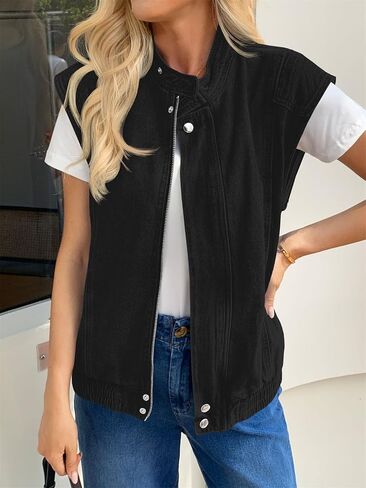 Tankaneo Womens Denim Vest Casual Zip Up Jean Vest Tops Utility Cargo Oversized Sleeveless Jacket in Saudi Arabia