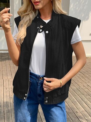 Tankaneo Womens Denim Vest Casual Zip Up Jean Vest Tops Utility Cargo Oversized Sleeveless Jacket in Saudi Arabia
