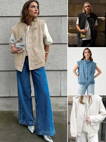 Tankaneo Womens Denim Vest Casual Zip Up Jean Vest Tops Utility Cargo Oversized Sleeveless Jacket in Saudi Arabia