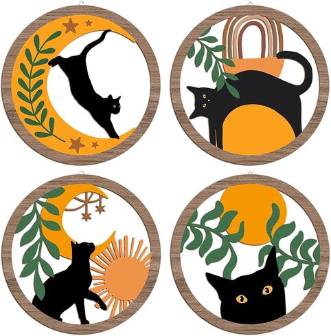 XFN 4PCs 3D Boho Cat Hanging Wooden Wall Art Wall Decor, Botanical Wall Decor Bohemian Decor, Cat Lover Gifts, Wooden Sign Wood Art Wood Plaque Home Decor for Living Room Bedroom Farmhouse Kitchen in Saudi Arabia