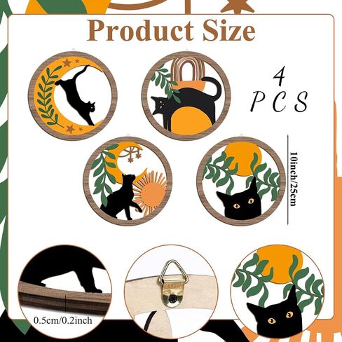 XFN 4PCs 3D Boho Cat Hanging Wooden Wall Art Wall Decor, Botanical Wall Decor Bohemian Decor, Cat Lover Gifts, Wooden Sign Wood Art Wood Plaque Home Decor for Living Room Bedroom Farmhouse Kitchen in Saudi Arabia