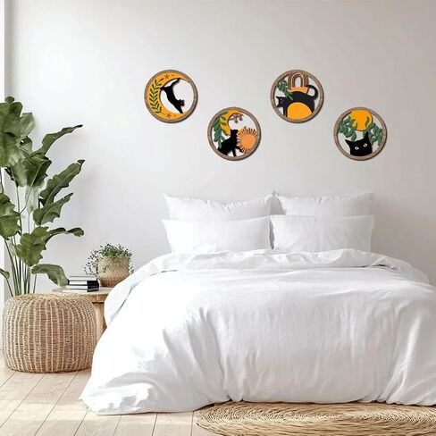 XFN 4PCs 3D Boho Cat Hanging Wooden Wall Art Wall Decor, Botanical Wall Decor Bohemian Decor, Cat Lover Gifts, Wooden Sign Wood Art Wood Plaque Home Decor for Living Room Bedroom Farmhouse Kitchen in Saudi Arabia