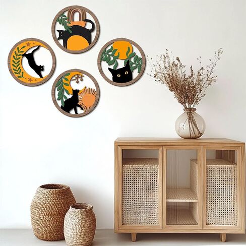 XFN 4PCs 3D Boho Cat Hanging Wooden Wall Art Wall Decor, Botanical Wall Decor Bohemian Decor, Cat Lover Gifts, Wooden Sign Wood Art Wood Plaque Home Decor for Living Room Bedroom Farmhouse Kitchen in Saudi Arabia