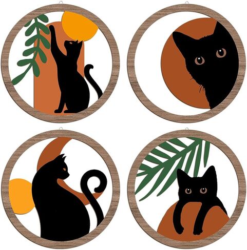 XFN 4PCs 3D Boho Cat Hanging Wooden Wall Art Wall Decor, Botanical Wall Decor Bohemian Decor, Cat Lover Gifts, Wooden Sign Wood Art Wood Plaque Home Decor for Living Room Bedroom Farmhouse Kitchen in Saudi Arabia