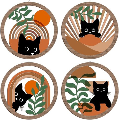 XFN 4PCs 3D Boho Cat Hanging Wooden Wall Art Wall Decor, Botanical Wall Decor Bohemian Decor, Cat Lover Gifts, Wooden Sign Wood Art Wood Plaque Home Decor for Living Room Bedroom Farmhouse Kitchen in Kuwait