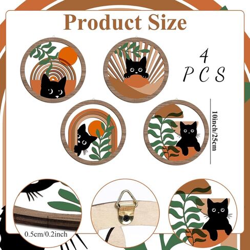 XFN 4PCs 3D Boho Cat Hanging Wooden Wall Art Wall Decor, Botanical Wall Decor Bohemian Decor, Cat Lover Gifts, Wooden Sign Wood Art Wood Plaque Home Decor for Living Room Bedroom Farmhouse Kitchen in Kuwait