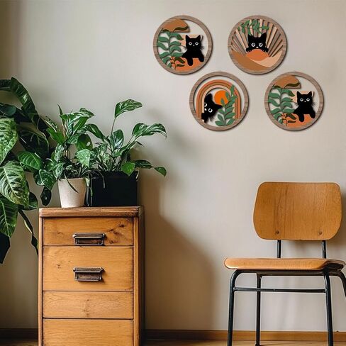 XFN 4PCs 3D Boho Cat Hanging Wooden Wall Art Wall Decor, Botanical Wall Decor Bohemian Decor, Cat Lover Gifts, Wooden Sign Wood Art Wood Plaque Home Decor for Living Room Bedroom Farmhouse Kitchen in Kuwait