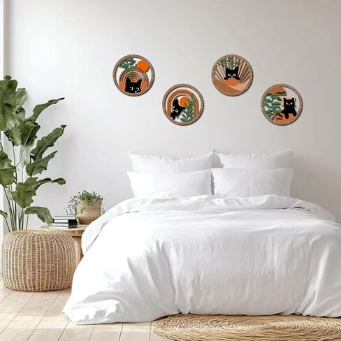 XFN 4PCs 3D Boho Cat Hanging Wooden Wall Art Wall Decor, Botanical Wall Decor Bohemian Decor, Cat Lover Gifts, Wooden Sign Wood Art Wood Plaque Home Decor for Living Room Bedroom Farmhouse Kitchen in Kuwait