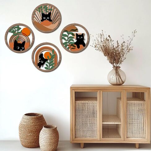 XFN 4PCs 3D Boho Cat Hanging Wooden Wall Art Wall Decor, Botanical Wall Decor Bohemian Decor, Cat Lover Gifts, Wooden Sign Wood Art Wood Plaque Home Decor for Living Room Bedroom Farmhouse Kitchen in Kuwait