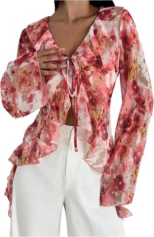 WDIRARA Women's Floral Print Ruffle Blouse V Neck Tie Front Long Bell Sleeve Chiffon See Through Tops in Saudi Arabia
