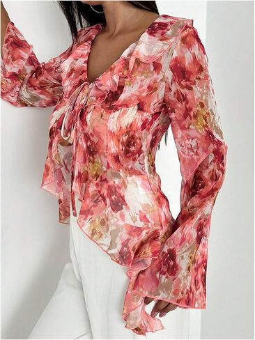 WDIRARA Women's Floral Print Ruffle Blouse V Neck Tie Front Long Bell Sleeve Chiffon See Through Tops in Saudi Arabia