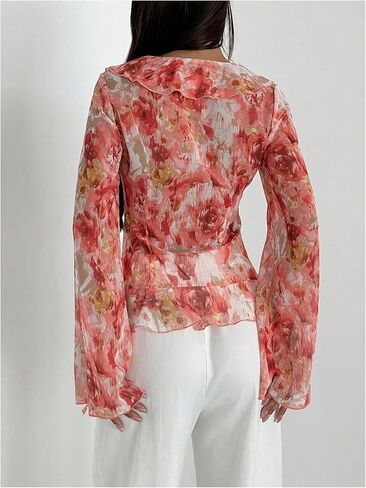 WDIRARA Women's Floral Print Ruffle Blouse V Neck Tie Front Long Bell Sleeve Chiffon See Through Tops in Saudi Arabia