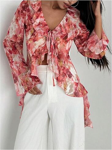 WDIRARA Women's Floral Print Ruffle Blouse V Neck Tie Front Long Bell Sleeve Chiffon See Through Tops in Saudi Arabia