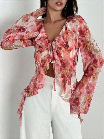 WDIRARA Women's Floral Print Ruffle Blouse V Neck Tie Front Long Bell Sleeve Chiffon See Through Tops in Saudi Arabia