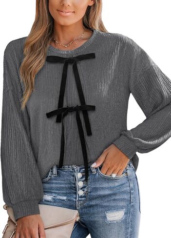 CUPSHE Women's Velvet Bow Tie Blouse Long Sleeve Pleated Shirt Elegant Casual Tops Loose Fit Fall in Saudi Arabia