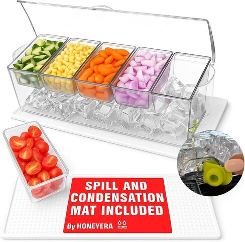 Honeyera Chilled Condiment Server with Lid - 5 Removable Compartments, Condiment Serving Tray with Ice Tray & Free Mat, Clear Fruit Organizer with Ice Chamber, Perfect for BBQs, Mimosa Bars & Parties in Saudi Arabia