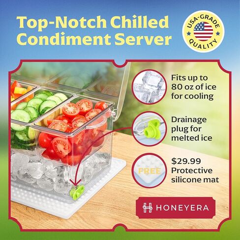 Honeyera Chilled Condiment Server with Lid - 5 Removable Compartments, Condiment Serving Tray with Ice Tray & Free Mat, Clear Fruit Organizer with Ice Chamber, Perfect for BBQs, Mimosa Bars & Parties in Saudi Arabia