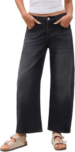 Barrel Jeans for Women Trendy Stretchy Mid Waist Wide Leg Cropped Denim Pants Boyfriend Baggy Jeans with Pockets in Kuwait