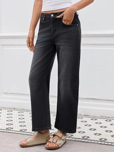 Barrel Jeans for Women Trendy Stretchy Mid Waist Wide Leg Cropped Denim Pants Boyfriend Baggy Jeans with Pockets in Kuwait