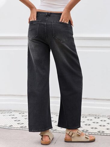 Barrel Jeans for Women Trendy Stretchy Mid Waist Wide Leg Cropped Denim Pants Boyfriend Baggy Jeans with Pockets in Kuwait