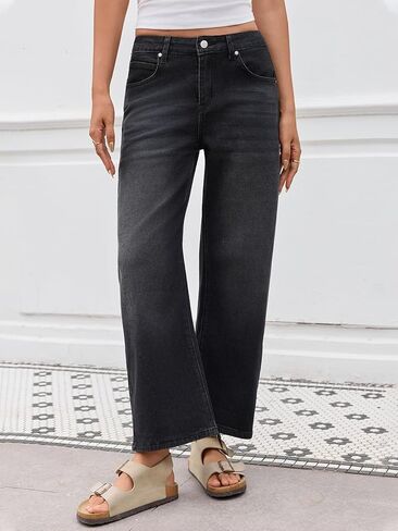 Barrel Jeans for Women Trendy Stretchy Mid Waist Wide Leg Cropped Denim Pants Boyfriend Baggy Jeans with Pockets in Kuwait