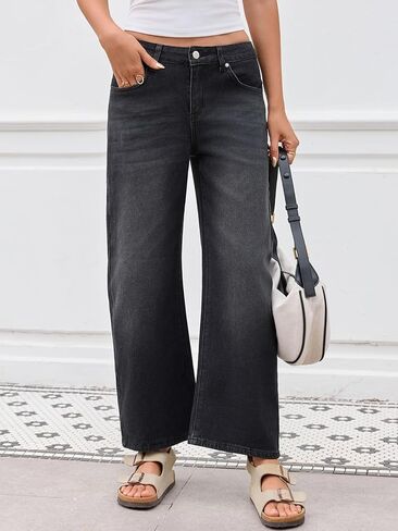 Barrel Jeans for Women Trendy Stretchy Mid Waist Wide Leg Cropped Denim Pants Boyfriend Baggy Jeans with Pockets in Kuwait