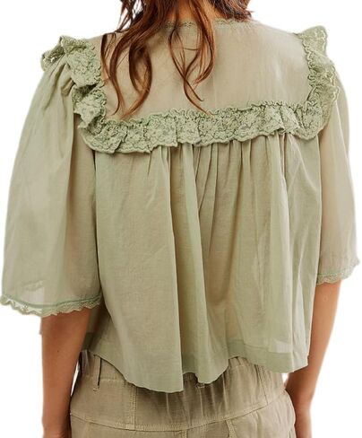 Women Y2K See Through Peplum Shirt Ruffle Lace Trim Buttons Tops Short Sleeve Doll Collar Babydoll Blouse Streetwear in Saudi Arabia