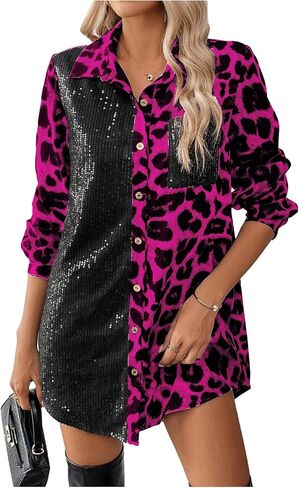 SOLY HUX Women's Leopard Print Sequin Shirt Button Down Long Sleeve Collared Y2k Blouse Tops in Saudi Arabia
