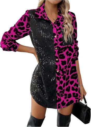 SOLY HUX Women's Leopard Print Sequin Shirt Button Down Long Sleeve Collared Y2k Blouse Tops in Saudi Arabia